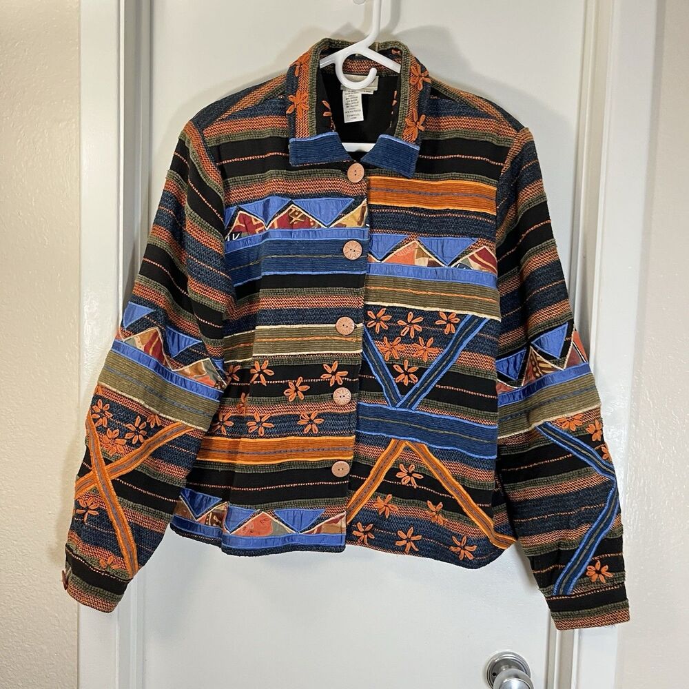 Coldwater Creek Blue/Rust/Black Striped Button Up Collared Jacket Sz L